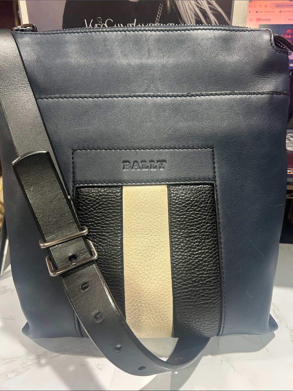 Bally Navy Leather Messenger Bag with Black & Cream Center Stripe